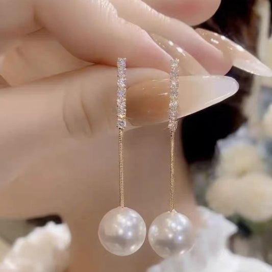 925 Silver Needle High-End Pearl Tassel Earrings Gold Rhinestone | UK